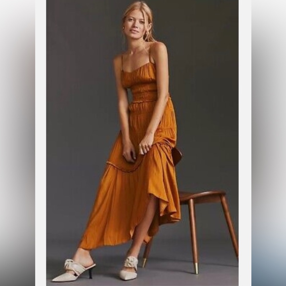 Anthropologie Ruched Satin Tiered Dress, Size 8